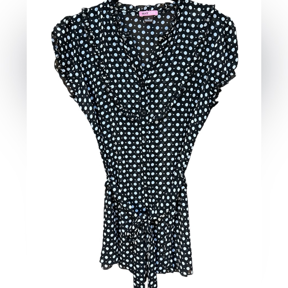 Polka Dot Tie Waist Blouse